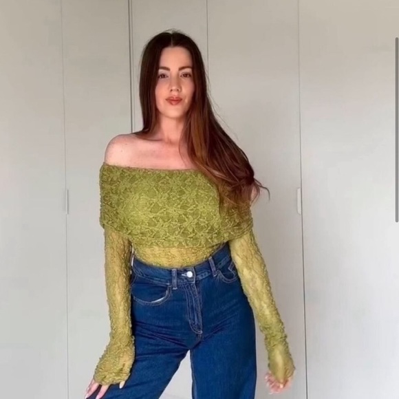 NWT Zara off the shoulder green lace top blogger fav size S - Picture 13 of 14